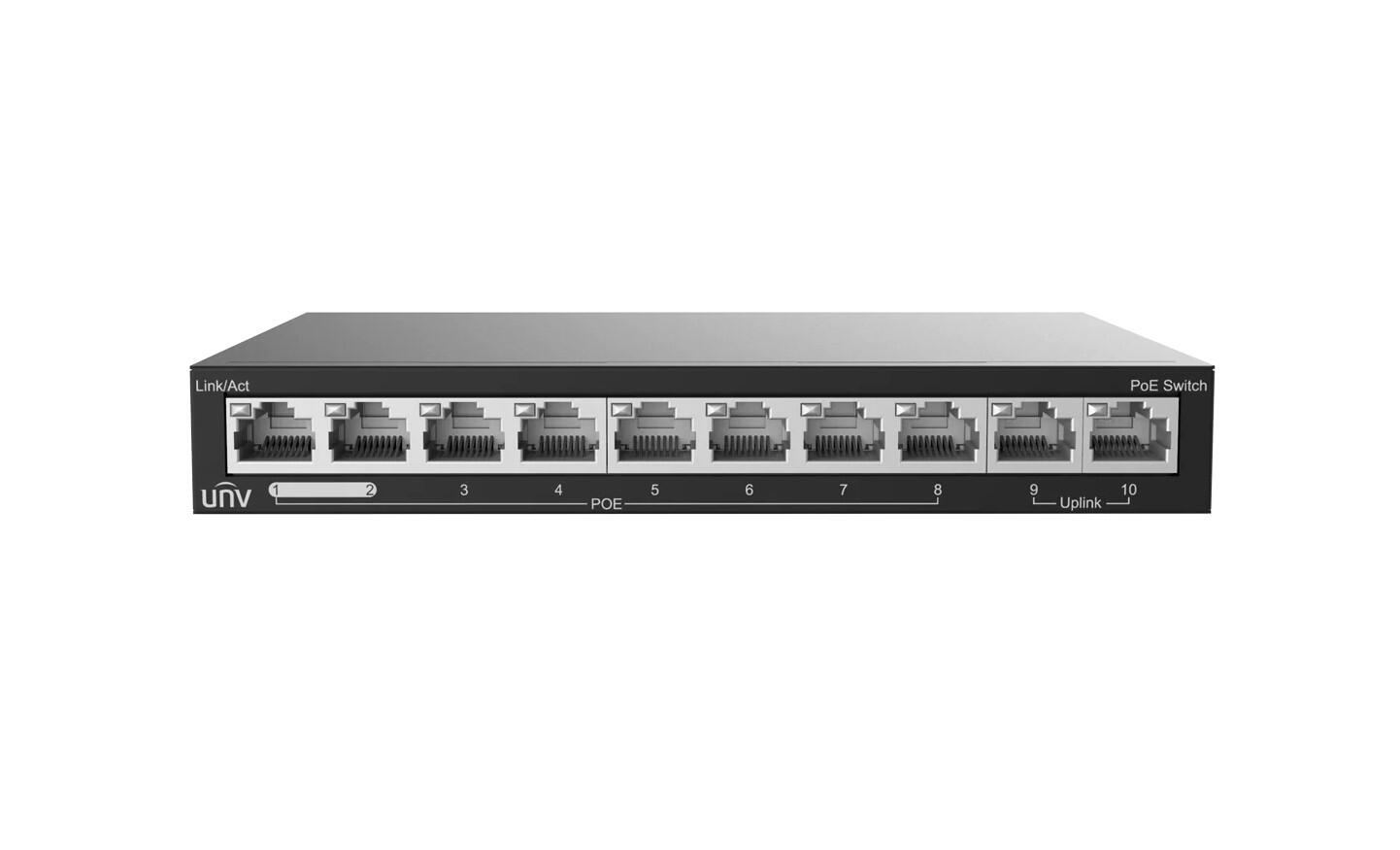 Uniview NSW2020-10T-POE-IN switch 10x100Mbps (8x PoE portov + 2 uplink porty), PoE budget 88W (802.af/at, max.30W na port), extended mode až do 250m