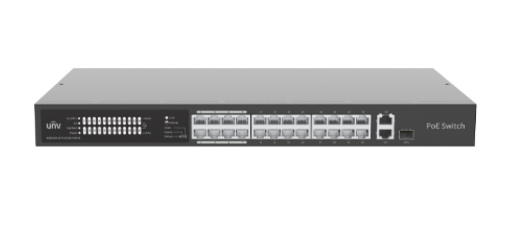 Uniview NSW2020-24T1GT1GC-POE-IN switch 24x100Mbps PoE portov + 1xGbps uplink + 1xGbps combo uplink port s SFP slotem, PoE budget 370W (802.af/at, max.30W na port), extended mode až do 250m, VLAN secure mode