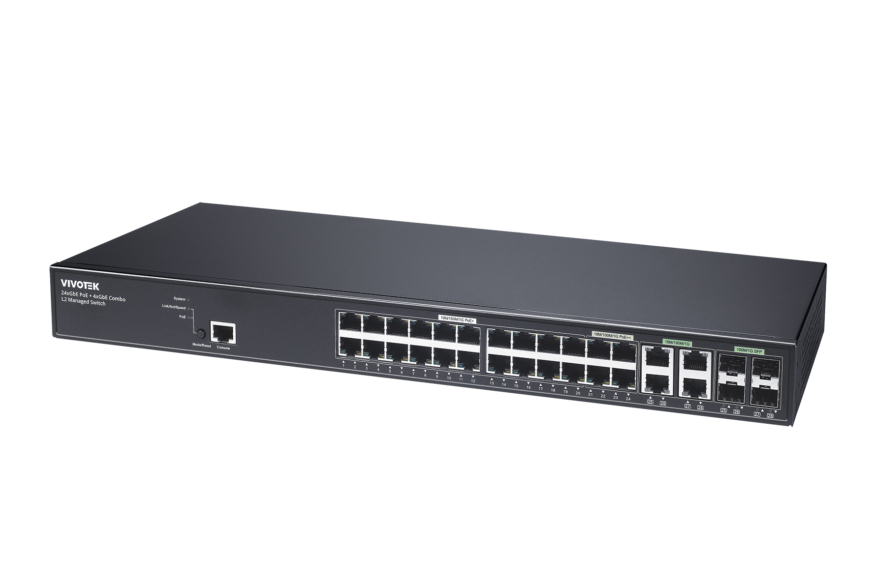 VIVOTEK AW-GEV-288A-370 Dátový switch 24GbE PoE + 4GbE(SFP) kombo porty, PoE budget 370W), L2 management