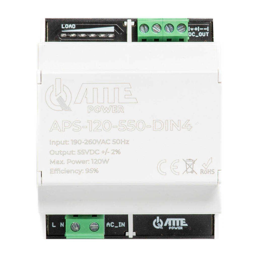 ATTE APS-120-550-DIN4 Spínaný napájací zdroj, vstupní napětí 230 V AC, výstupní napětí 55 V DC, výstupní výkon 120 W, v pouzdře DIN4 pre montáž na lištu TH35, s indikací zátěže.