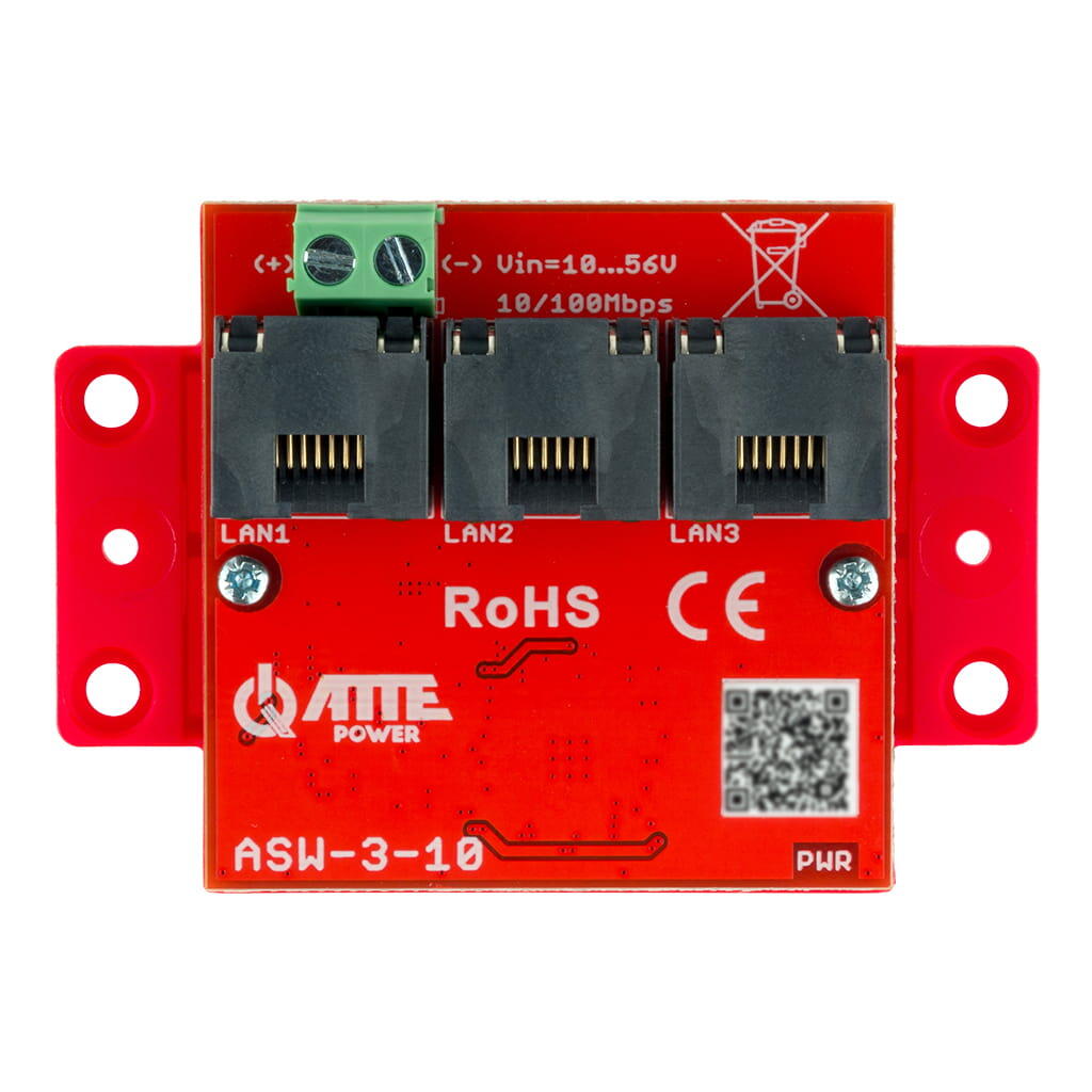 ATTE ASW-3-10 3portový LAN switch 10/100 Mb/s, napájený zo zdroje 10–56 V DC.