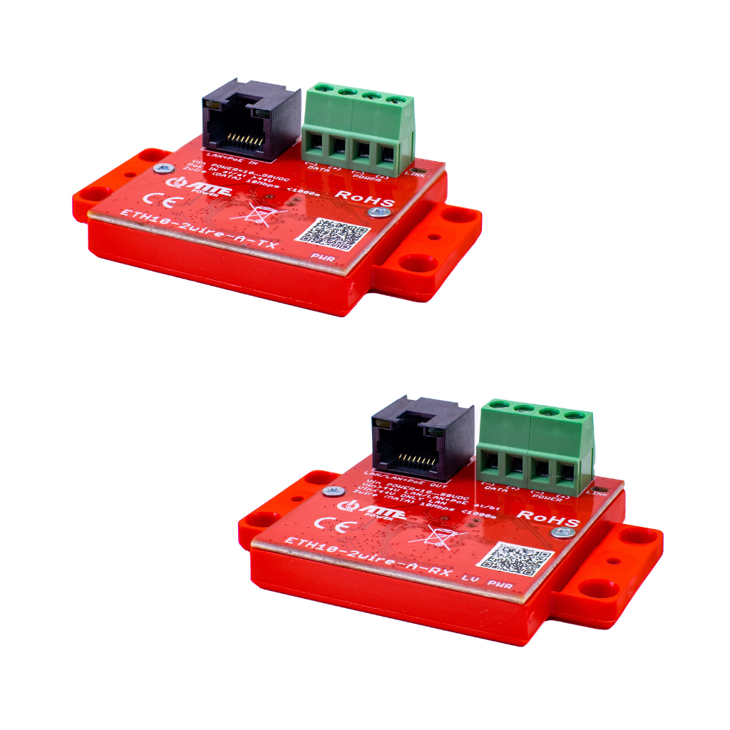 ATTE ETH10-2WIRE-A-SET Sada aktivních převodníků pre přenos Ethernetu a PoE po 2 vodičích, 1 kanál 10 Mb/s, PoE vstup 802.3af/at alebo pasívny (ETH10-2wire-A-TX), PoE výstup 802.3af/at/bt60 (ETH10-2wire-A-RX), dosah až 1000 m.