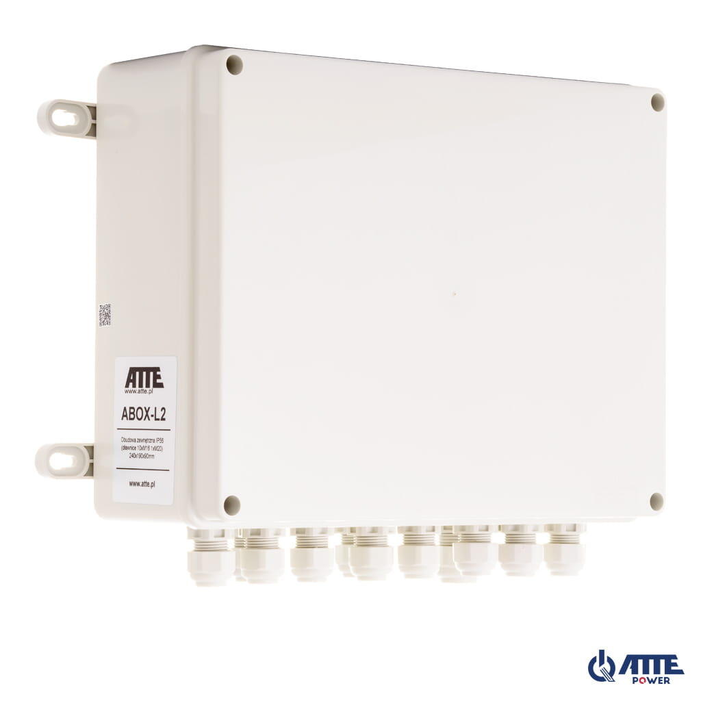 ATTE ABOX-L2 Vonkajšia rozvodnice, IP56, 240 × 190 × 90 mm, kabelové vývodky 10× M16, 1× M20, systémové děrování v rastru 10,8 mm, plast odolný vůči UV záření, RAL 7035 (sivá).