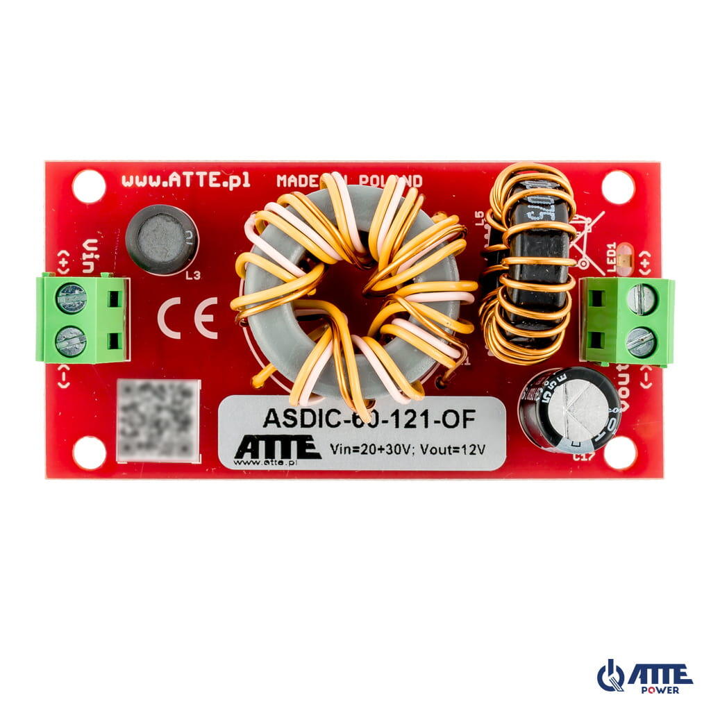 ATTE ASDIC-60-121-OF Izolovaný DC/DC měnič snižující napětí, vstupní napětí 20–30 V DC, výstupní napětí 12 V DC, výstupní prúd 5 A, výstupní výkon 60 W, vestavný modul.