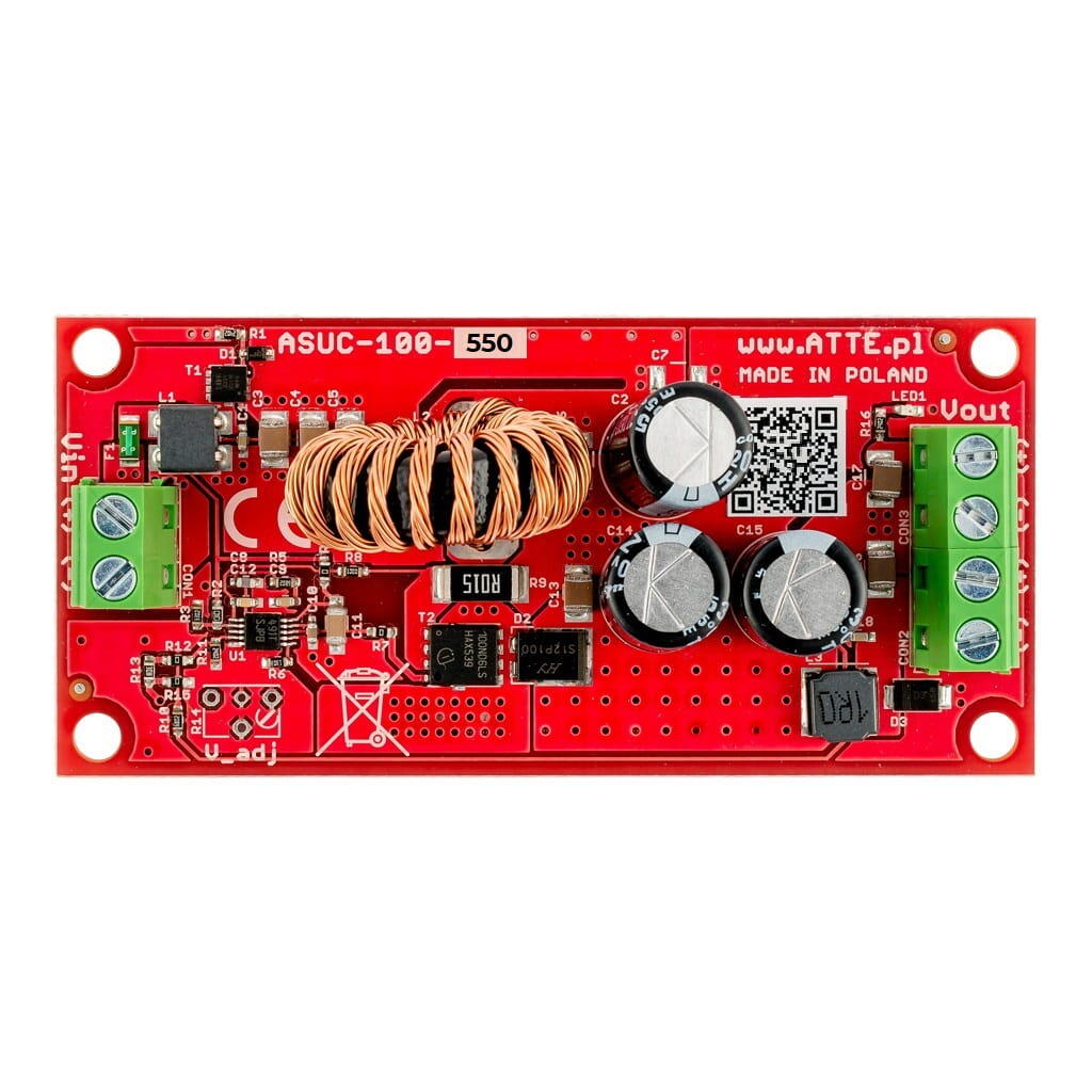 ATTE ASUC-100-550-OF DC/DC měnič zvyšující napětí, vstupní napětí 10–30 V DC, výstupní napětí 55 V DC, výstupní výkon 100 W, vestavný modul.